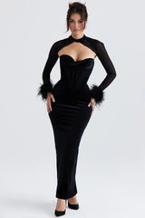 black velvet corset maxi dress