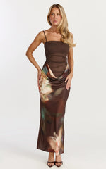 Onyx Midi Dress Floral Print Cowl Drop Waist Skirt Dress in Onyx Floral Print