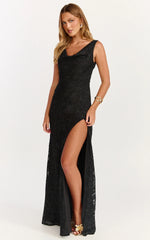 Rachel Maxi Dress Cowl Neck Jacquard Front Split Dress in Black