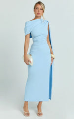 Visenta Midi Dress Asymmetrical Sleeve Dress in Blue