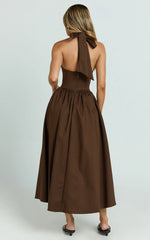 Helda Midi Dress Halter Tie Neck Corset Panel Dress in Chocolate