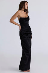 black satin strapless corset maxi