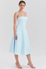 soft blue stretch cotton a line midi sundress