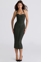 emerald halter neck bandage midi dress