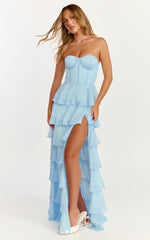 Bella Maxi Dress Strapless Corset Bodice Lace Up Back Tiered Ruffle Dress in Soft Blue