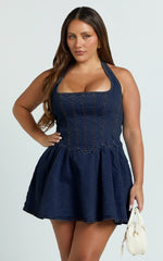 Hayes Mini Dress Halter Neck Corset Bodice Dress in Dark Blue