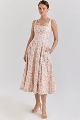 cream floral print cotton midi sun dress