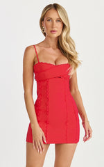 Gigi Mini Linen Blend Dress Sweetheart Tie Back Scallop Detail Dress in Red
