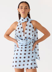Get Me Halter Mini Dress Blue Mocha Dot