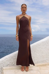 SHAE HALTER MAXI DRESS BITTER CHOCOLATE