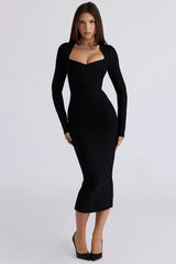 black long sleeve bandage midi dress