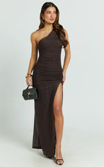 Georgia Maxi Dress Mesh One Shoulder Ruched Bodycon Dress in Chocolate
