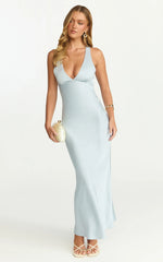 Khalani Midi Dress Deep V Neck Satin Slip Dress in Pale Blue