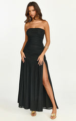 Marguerite Maxi Dress Strapless Ruched Mesh High Leg Split Dress in Black