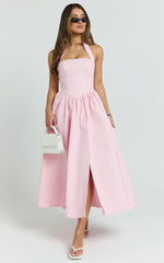 Helda Midi Dress Halter Tie Neck Corset Panel Dress in Pink