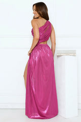 Iridescent Shimmer One Shoulder Maxi Dress Magenta