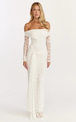 Melville Maxi Dress Off Shoulder Long Sleeve Lace Dress in White