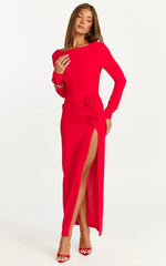 Vivienne Maxi Dress Boat Neck Long Sleeve Rosette Detail Dress in Red