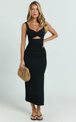 Bianca Midi Dress Twist Front Cut Out Ruched Dress in Black