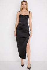 black satin pleated corset midi dress