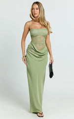 Rania Maxi Dress Contrast Lace Bodice Bias Cowl Drop Waist Dress in Sage