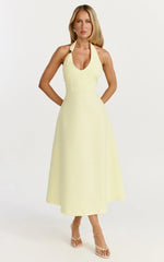 Leilani Midi Dress Plunge Neck Hardware Fit and Flare Dress in Lemon