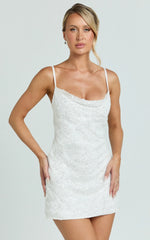 Alana Mini Dress Sequin Lace Cowl Neck Dress in White