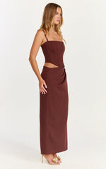 Jonas Maxi Dress Strapless Corset Bodice Draped Waist Skirt Dress in Chocolate