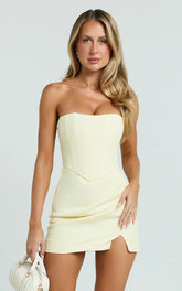 Avery Mini Dress Strapless Corset Bodice Draped Dress in Lemon