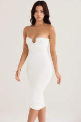 white ribbed knit strapless midi dress