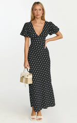 Elise Midi Dress V Neck Puff Sleeve Dress in Black Polka