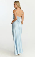 Rumi Midi Dress Rushed Bodiest Satin Dress in Pale Blue