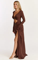 Sahara Maxi Dress Long Sleeve Cut Out Gold Trim Dress in Chocolate