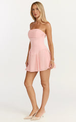 Penny Mini Dress Strapless Corset Bodice Floral Embellished Godet Dress in Soft Pink