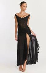 Demetria Maxi Dress Mesh Bodycon Dress in Black