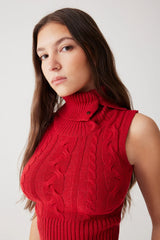 Axel Cable Cloud Knit Sleeveless Sweater Red Velvet