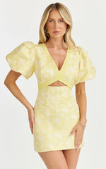Diana Mini Dress Jacquard Short Sleeve Cut Out Dress in Lemon