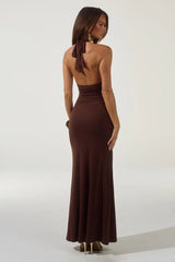 ARINA HALTER V NECK MAXI DRESS ESPRESSO