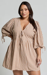 Rosita Mini Dress Tie Front Puff Sleeve Dress in Caramel White Gingham