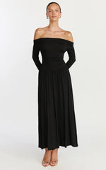 Antonia Midi Dress Off The Shoulder Long Sleeve Dress in Black