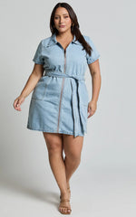 Nandini Mini Dress Zip Through Denim Dress in Light Blue Wash
