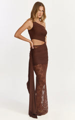 Ferguson Maxi Dress One Shoulder Draped Jersey and Lace Dress in Chocolate