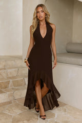 Dark Luxe Halter High Low Maxi Dress Chocolate