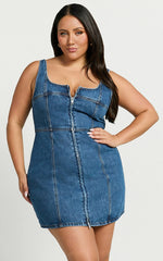 Chrysoula Mini Dress Square Neck Zip Front Sleeveless Bodycon Denim in Mid Blue Wash