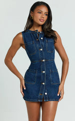 Stephanie Mini Dress Scoop Neck Pocket Detail Recycled Denim Dress in Indigo Wash