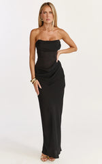 Phoebe Maxi Dress Strapless Structured Bodice Drape Skirt Dress in Black