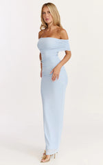 Caterina Maxi Ruched Off Shoulder Mesh Dress in Pale Blue