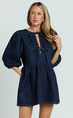 Shailene Mini Dress Tie Front Puff Sleeve Recycled Denim Dress in Raw Indigo