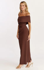 Pearce Maxi Dress Gathered One Sleeve Bodycon Dress in Brown