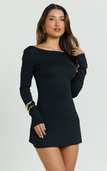 Adora Mini Dress Long Sleeve Backless Boat Neck A Line Dress in Black